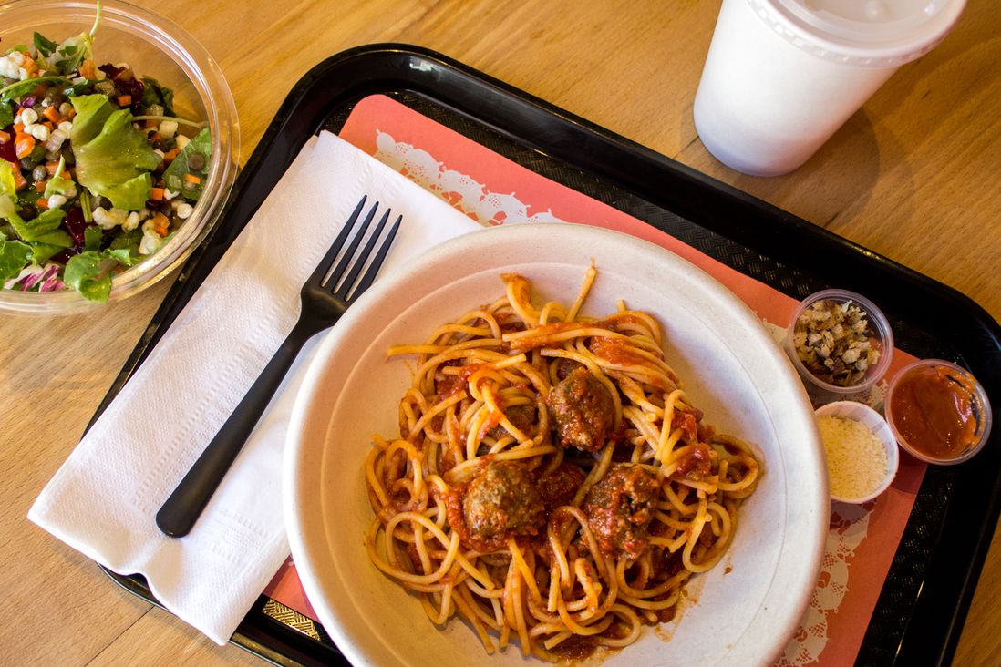 "Nonna Loves You" meal with spaghetti and meatballs, a side salad and a fountain drink<br>